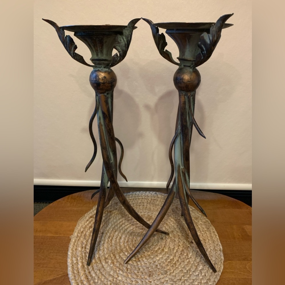 (2) Unique 20” Copper Patina Sculpture Pillar Candle Holder’s Old World